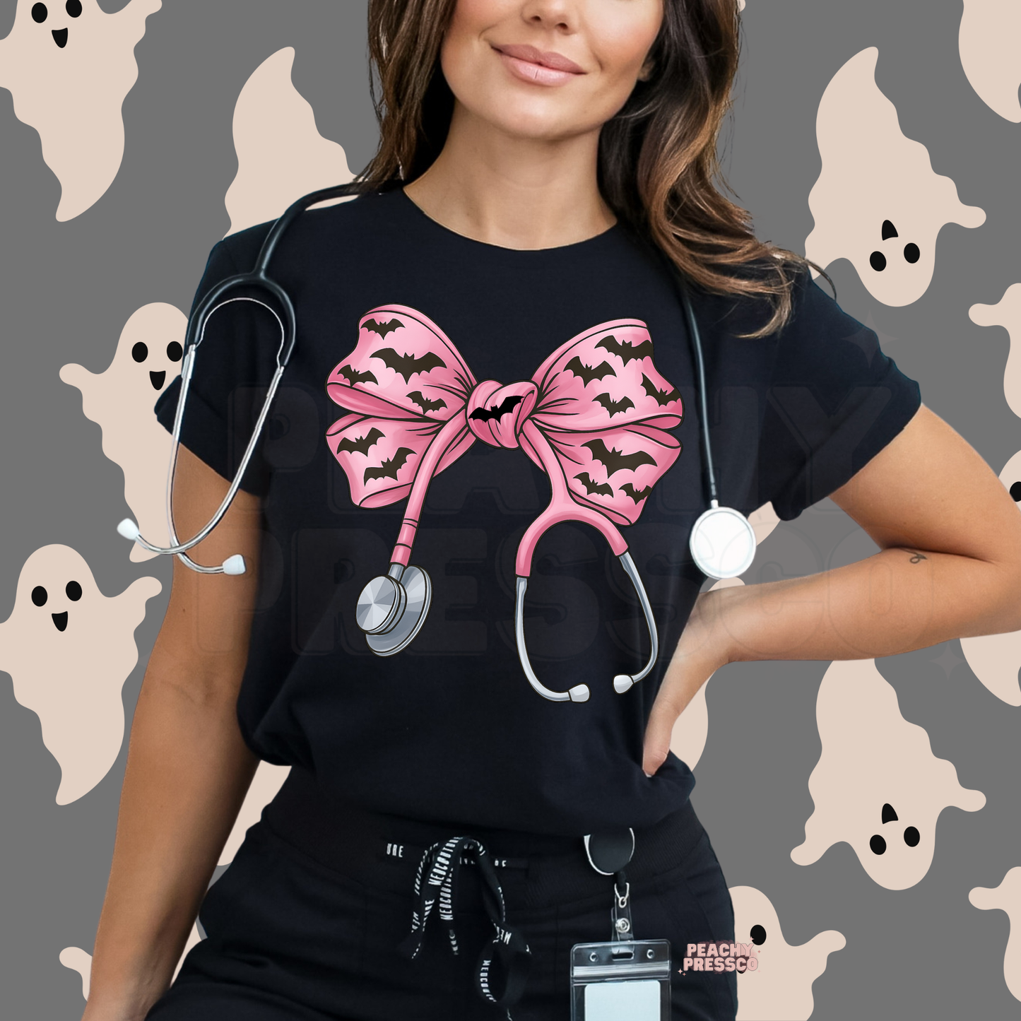 Halloween Nurse Shirt – Pink Bat Bow Stethoscope Sweatshirt – Cute Spooky Medical Healthcare Workers, Apparel