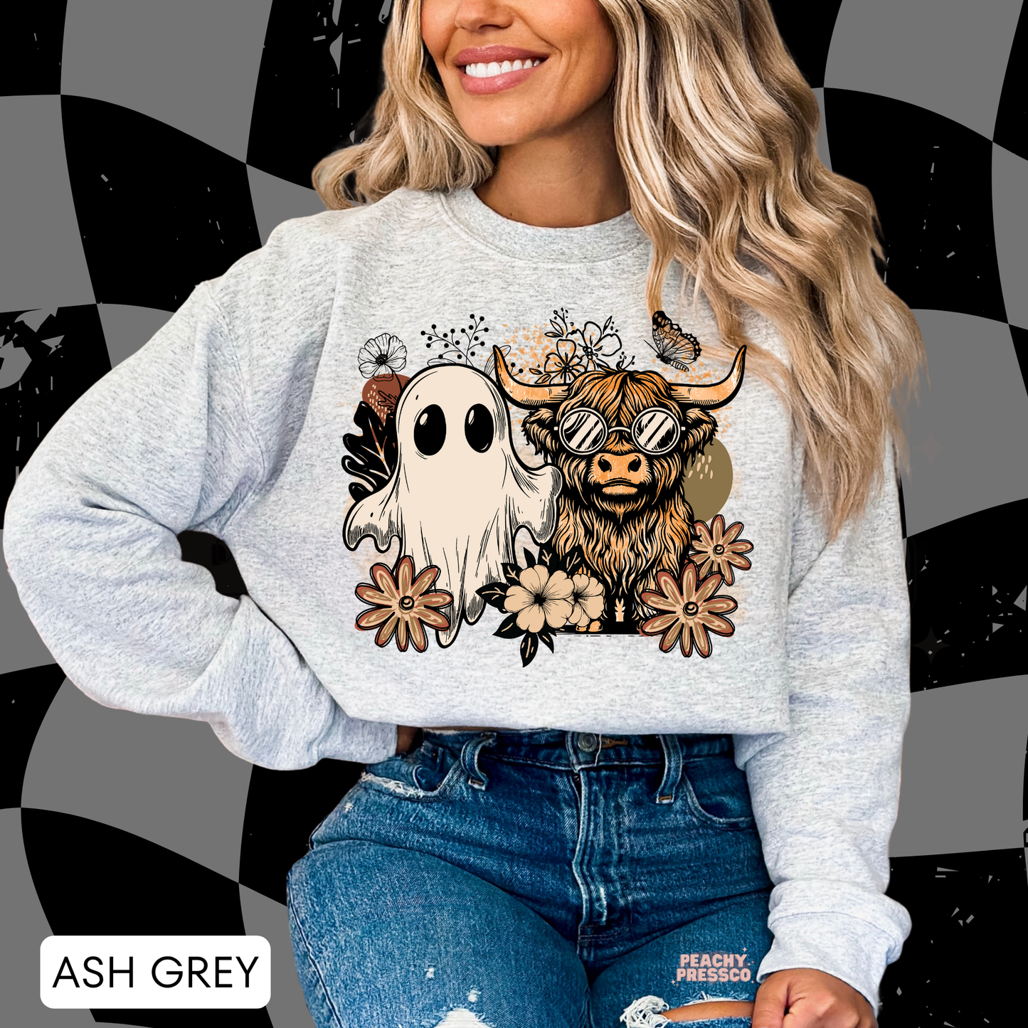 Boho Ghost & Highland Cow Halloween Shirt | Cute Fall Floral Cowgirl Apparel