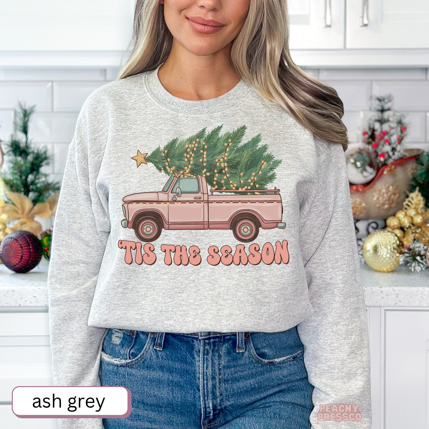 Pink Christmas Truck Sweatshirt | Tis The Season Tree, Holiday Apparel