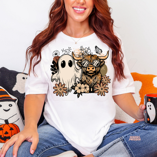 Boho Ghost & Highland Cow Halloween Shirt | Cute Fall Floral Cowgirl Apparel