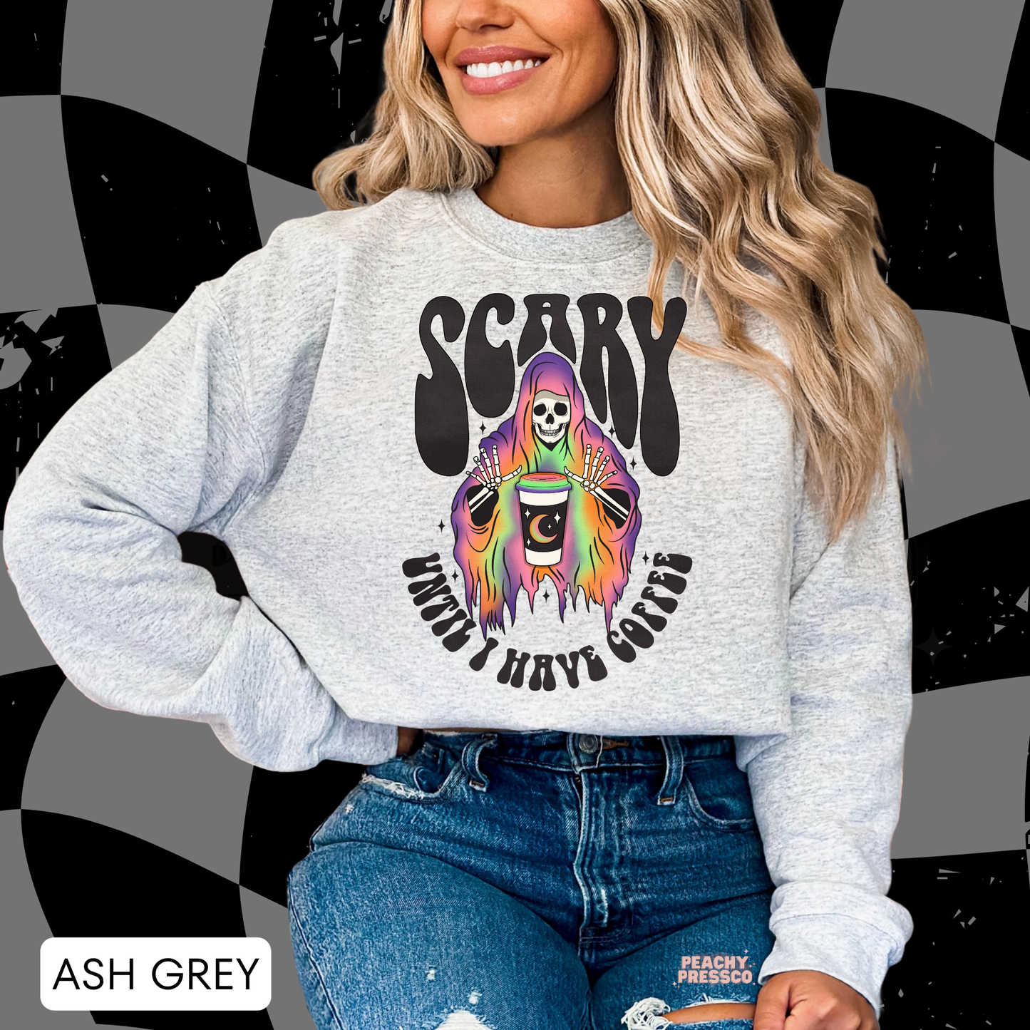 Scary Until I have Coffee Skeleton, Rainbow Ghost & Coffee | Halloween Apparel