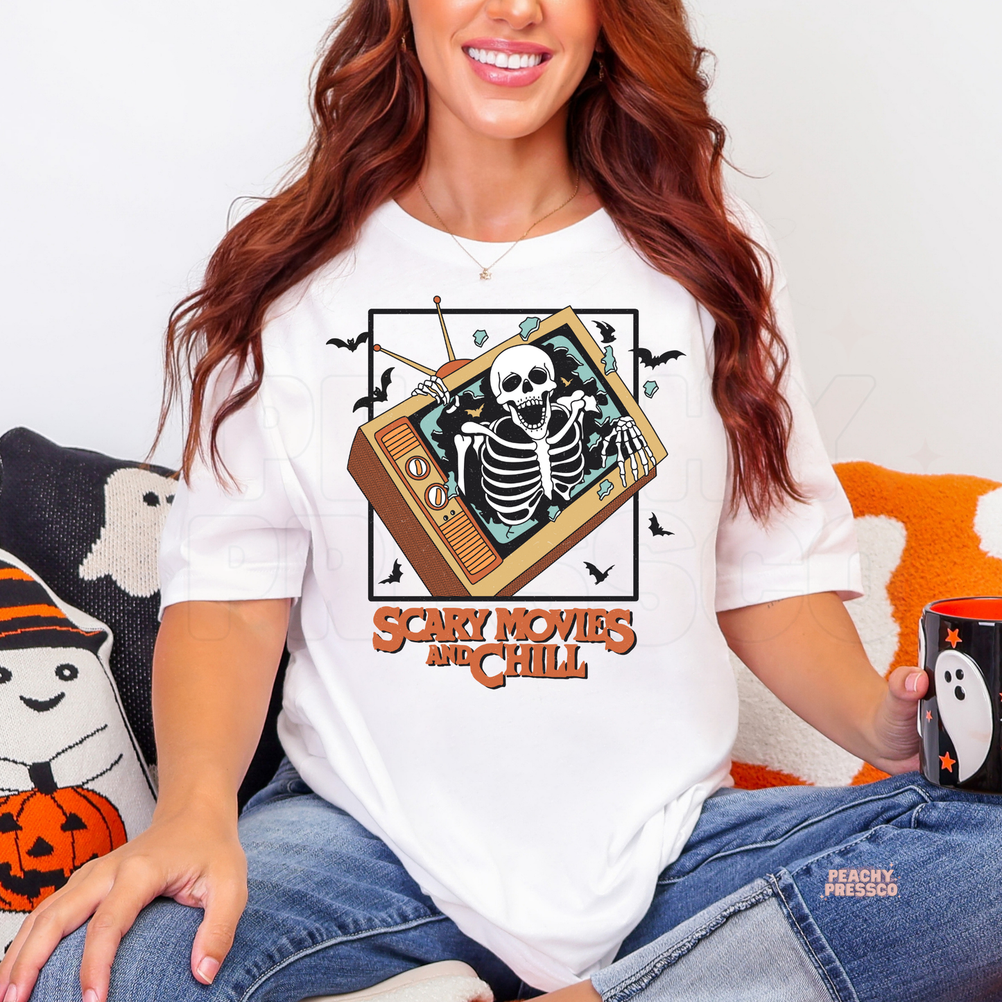 Scary Movies and Chill, Retro TV Skeleton Graphic Shirt | Halloween Movie Night Vibes Apparel