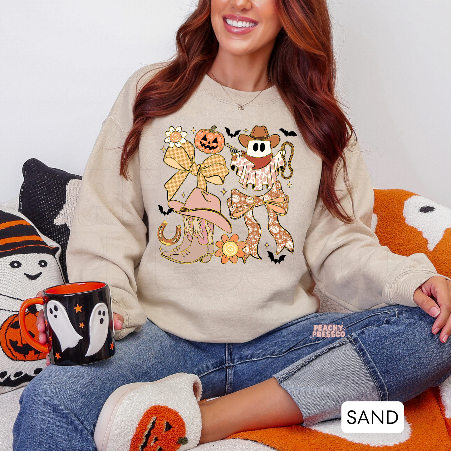 Western Cowgirl Halloween Shirt – Ghost, Pumpkin, and Bow Sweatshirt – Country Crewneck, Apparel