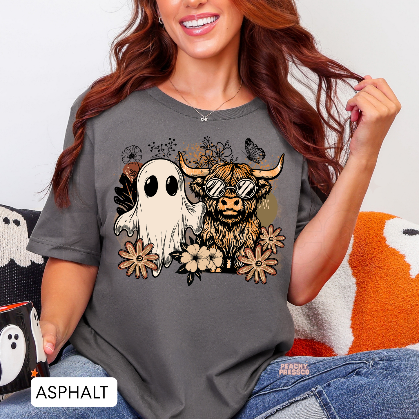 Boho Ghost & Highland Cow Halloween Shirt | Cute Fall Floral Cowgirl Apparel