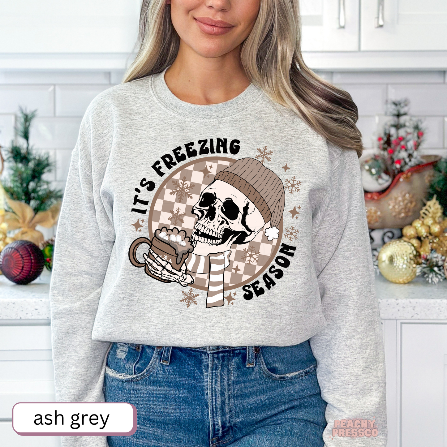It’s Freezing Season Sweatshirt | Cozy Winter Skull & Cocoa, Holiday Apparel
