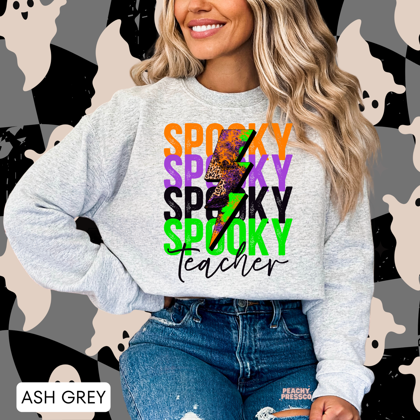 Spooky Teacher Lightning Bolt Halloween Shirt – Colorful Retro Crewneck, School Apparel