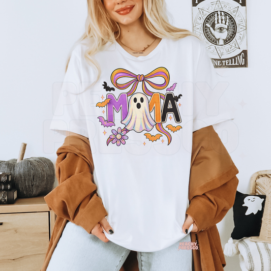 Halloween MAMA Sweatshirt | Cute Ghost & Bow Design for Moms | Cozy Crewneck with Bats & Flowers, Apparel