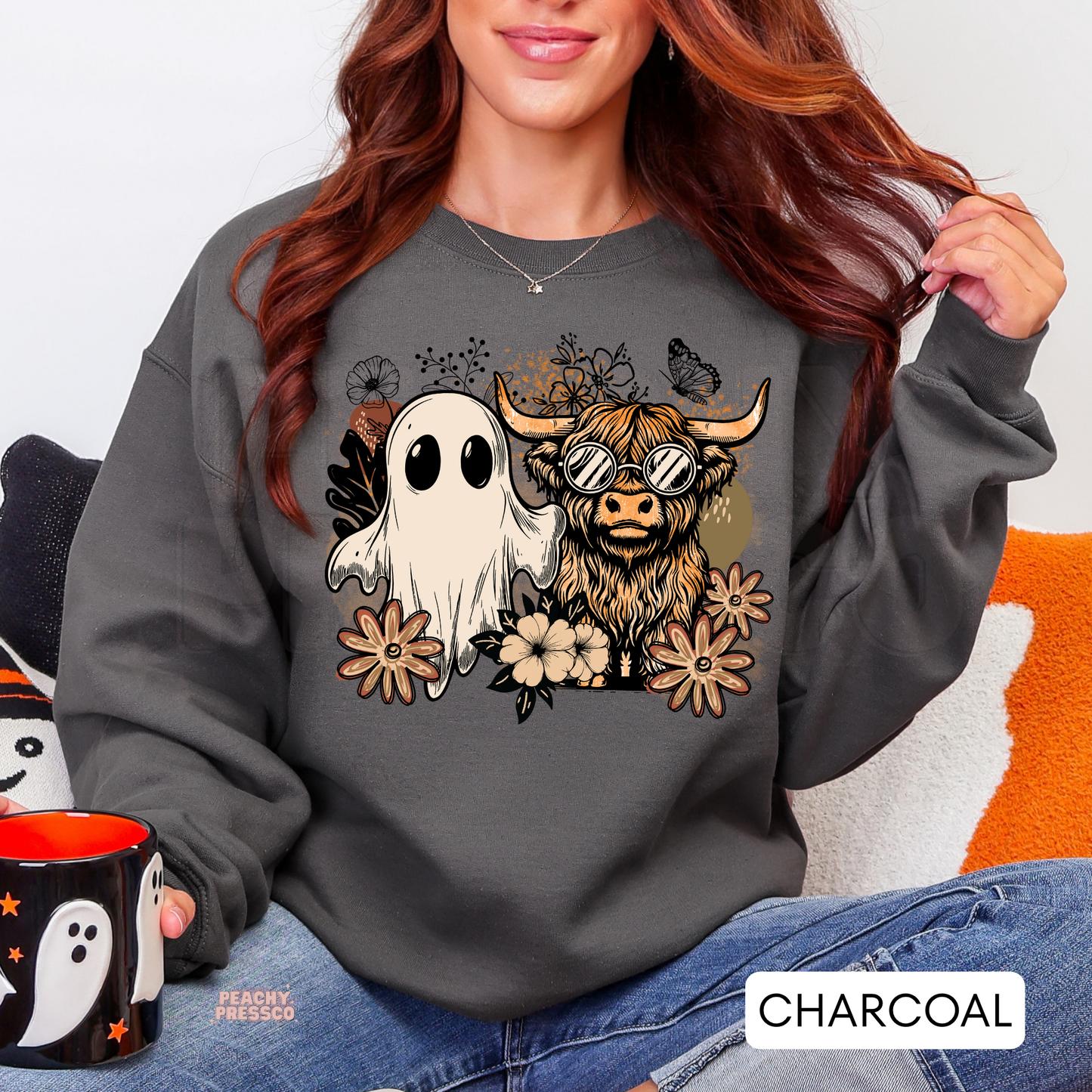 Boho Ghost & Highland Cow Halloween Shirt | Cute Fall Floral Cowgirl Apparel
