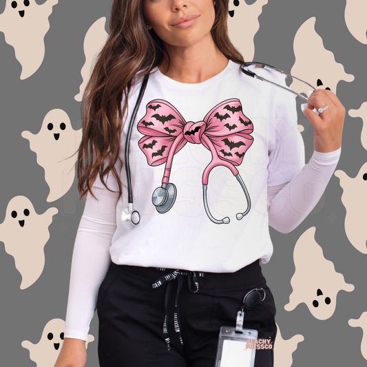 Halloween Nurse Shirt – Pink Bat Bow Stethoscope Sweatshirt – Cute Spooky Medical Healthcare Workers, Apparel
