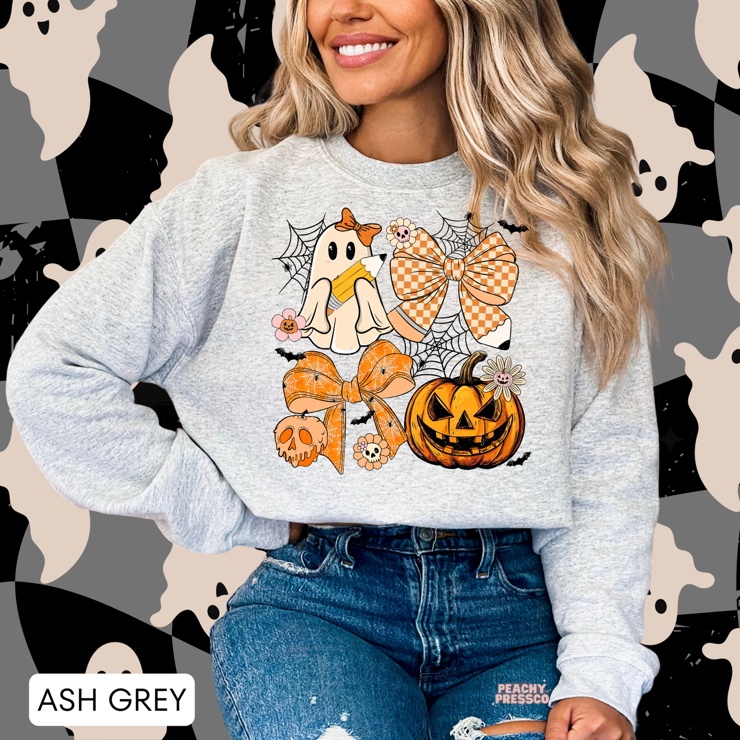 Halloween Teacher Ghost & Bow Sweatshirt – Cute Pumpkin Crewneck, School Apparel