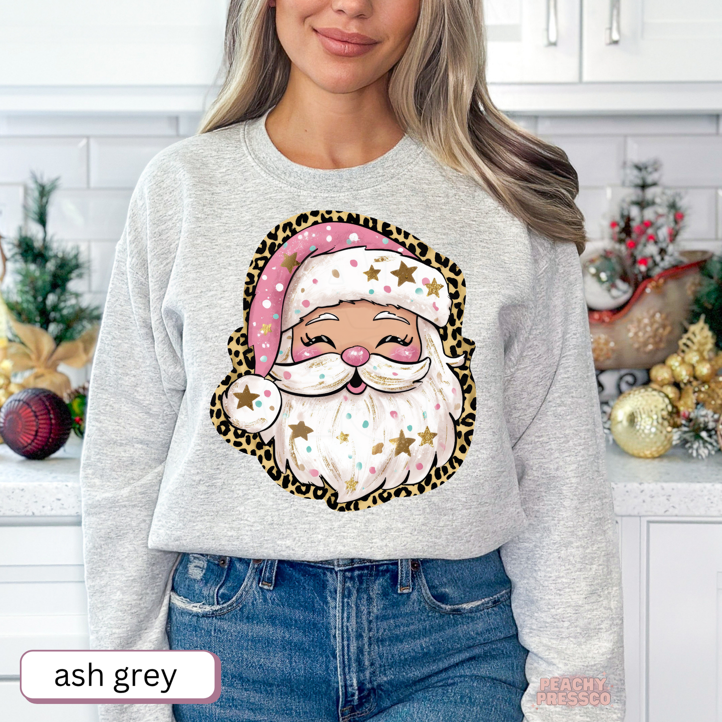 Pink Leopard Santa Face Christmas Shirt, Holiday Apparel