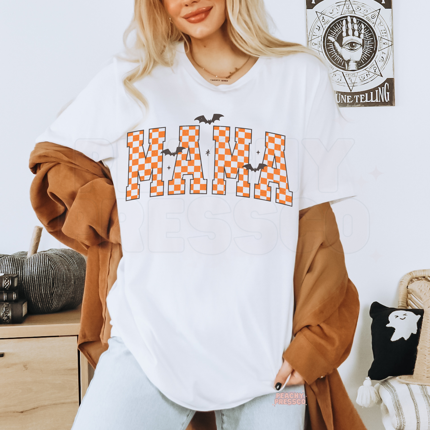 Halloween Mama Sweatshirt | Orange Checker Bat Print Pullover for Moms | Cozy Spooky Season Crewneck, Apparel