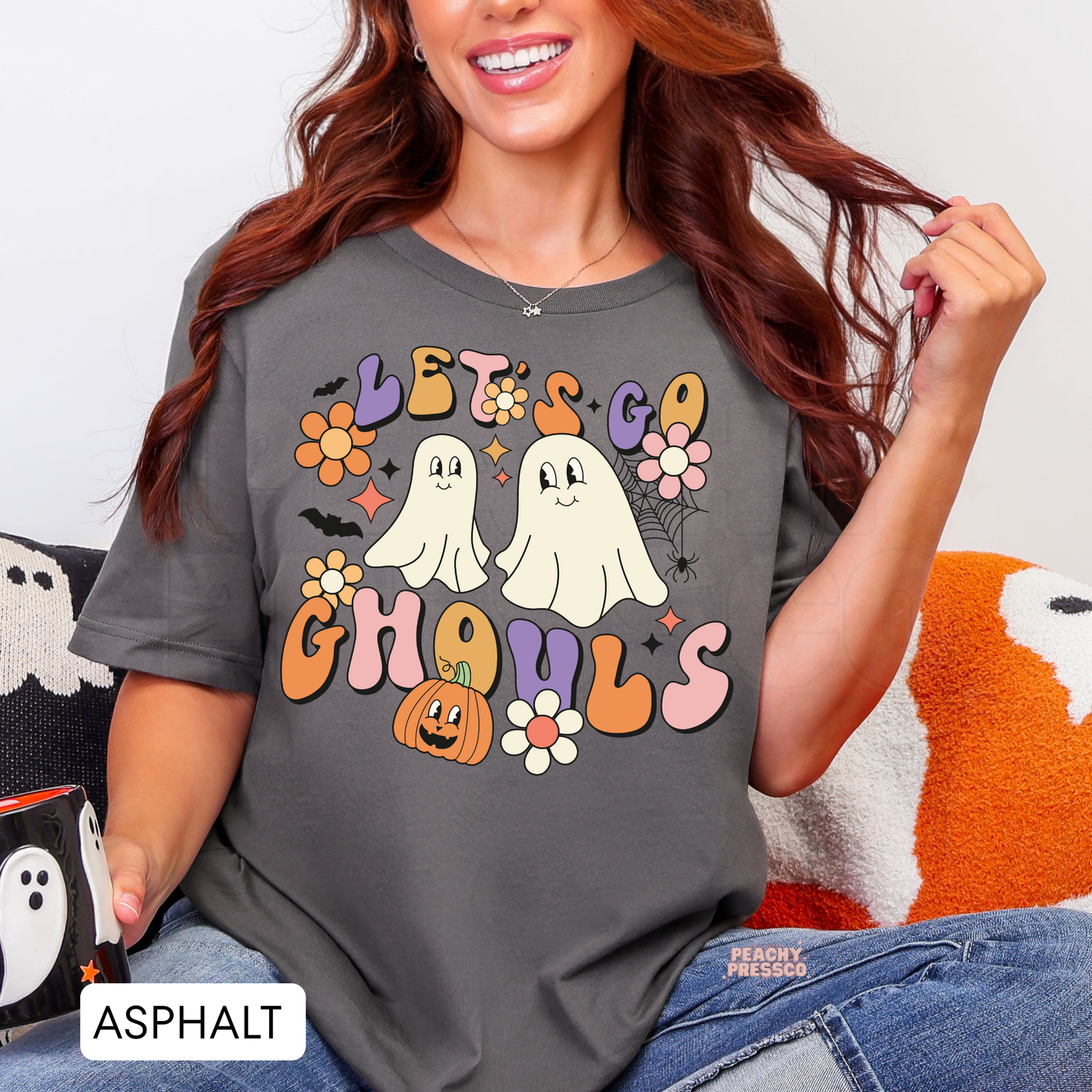 Cute Ghosts & Pumpkin Shirt | Let's Go Ghouls Halloween Crewneck, Apparel