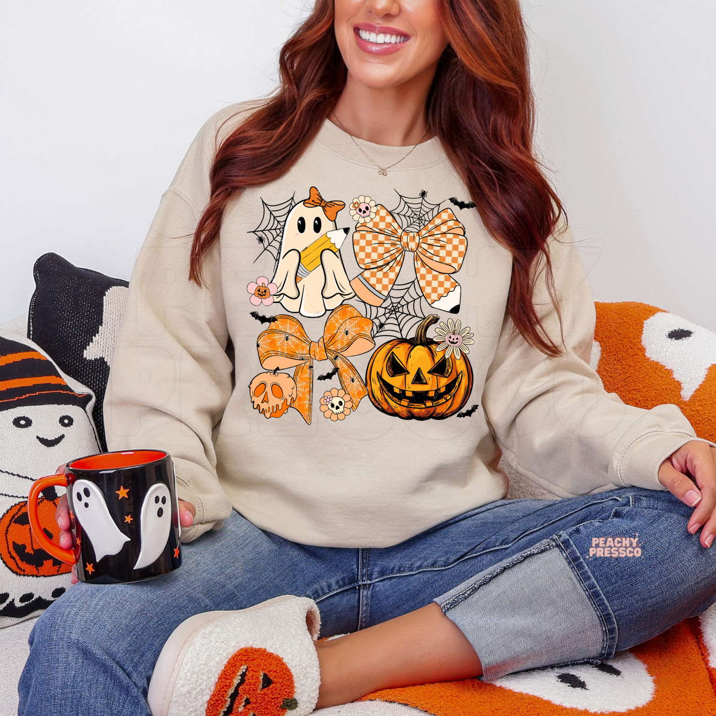 Halloween Teacher Ghost & Bow Sweatshirt – Cute Pumpkin Crewneck, School Apparel