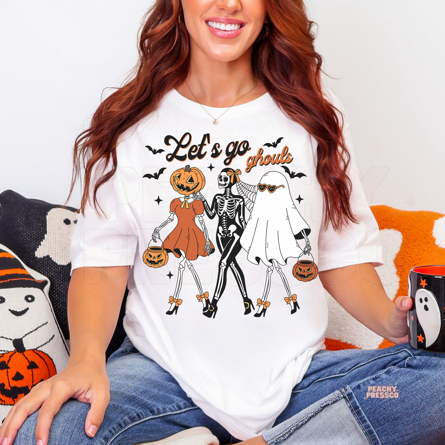 Let's go ghouls | Cute Halloween Crew Graphic Shirt | Skeleton, Pumpkin & Ghost Apparel