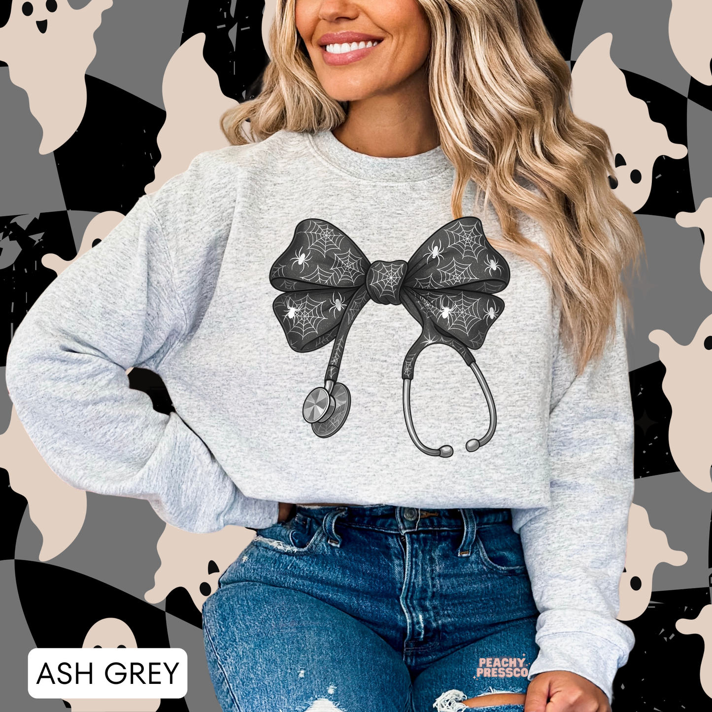 Spooky Nurse Bow Sweatshirt – Spider Web Stethoscope Halloween Crewneck, Apparel