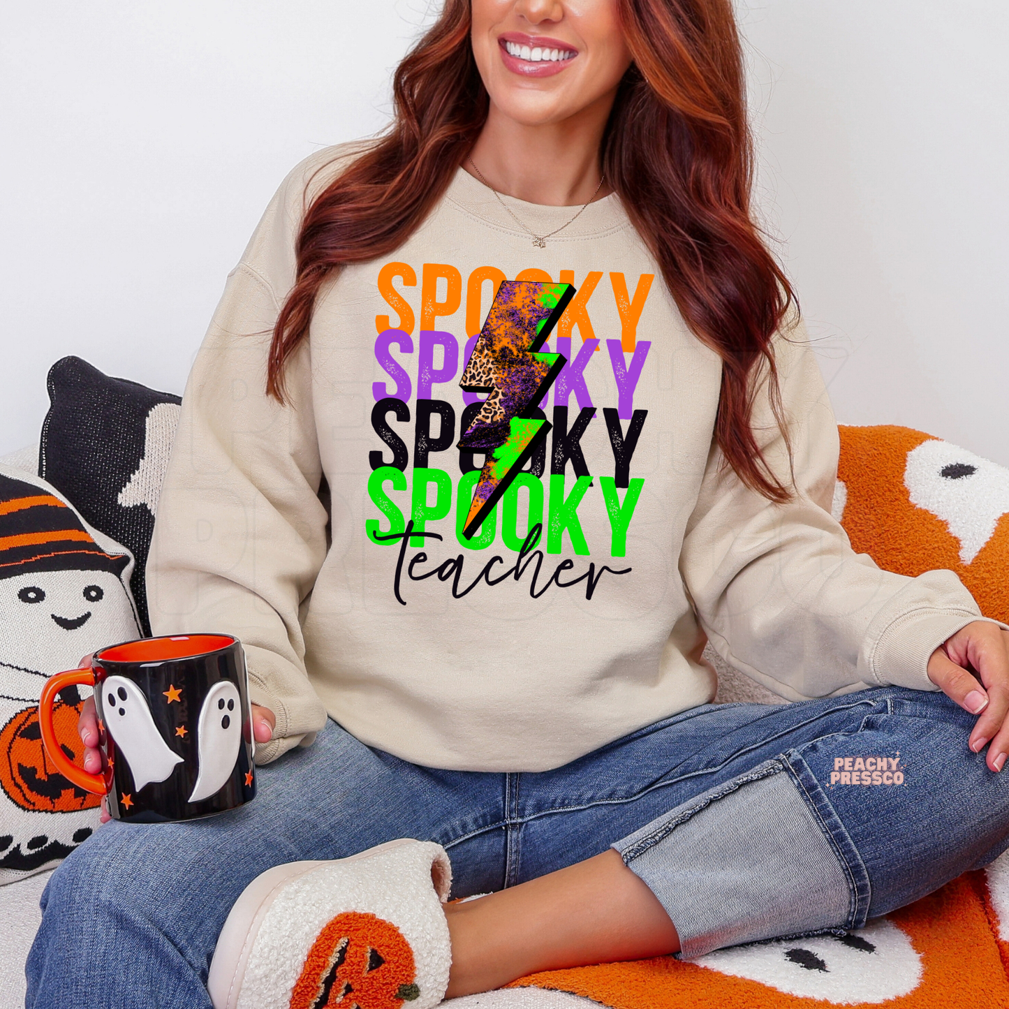 Spooky Teacher Lightning Bolt Halloween Shirt – Colorful Retro Crewneck, School Apparel