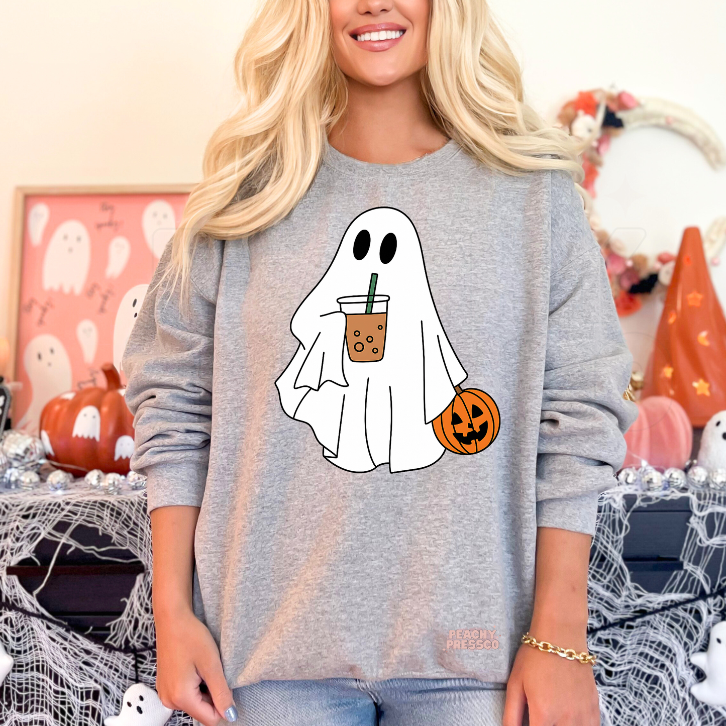 Ghost with Pumpkin & Iced Coffee Drink Shirt | Cute Halloween Crewneck, Apparel