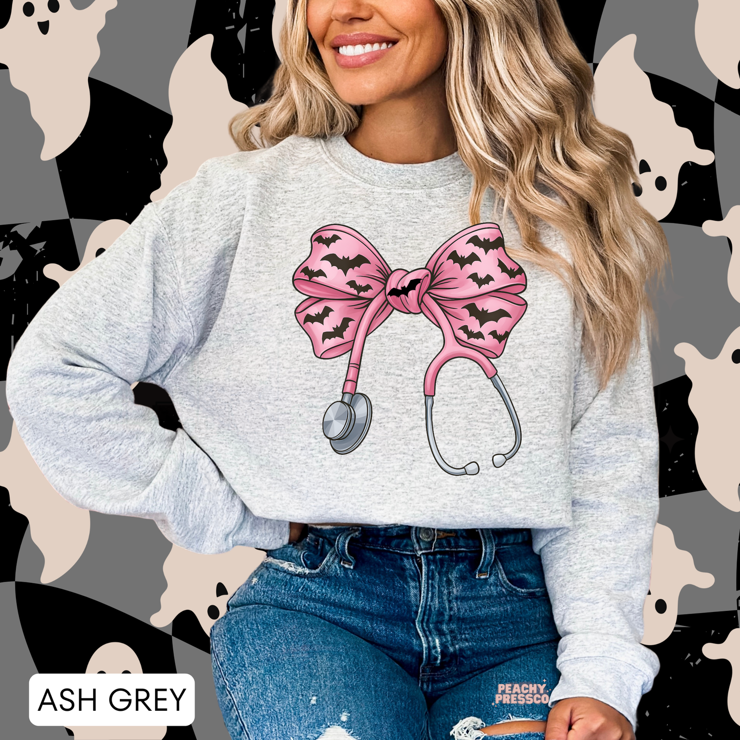 Halloween Nurse Shirt – Pink Bat Bow Stethoscope Sweatshirt – Cute Spooky Medical Healthcare Workers, Apparel