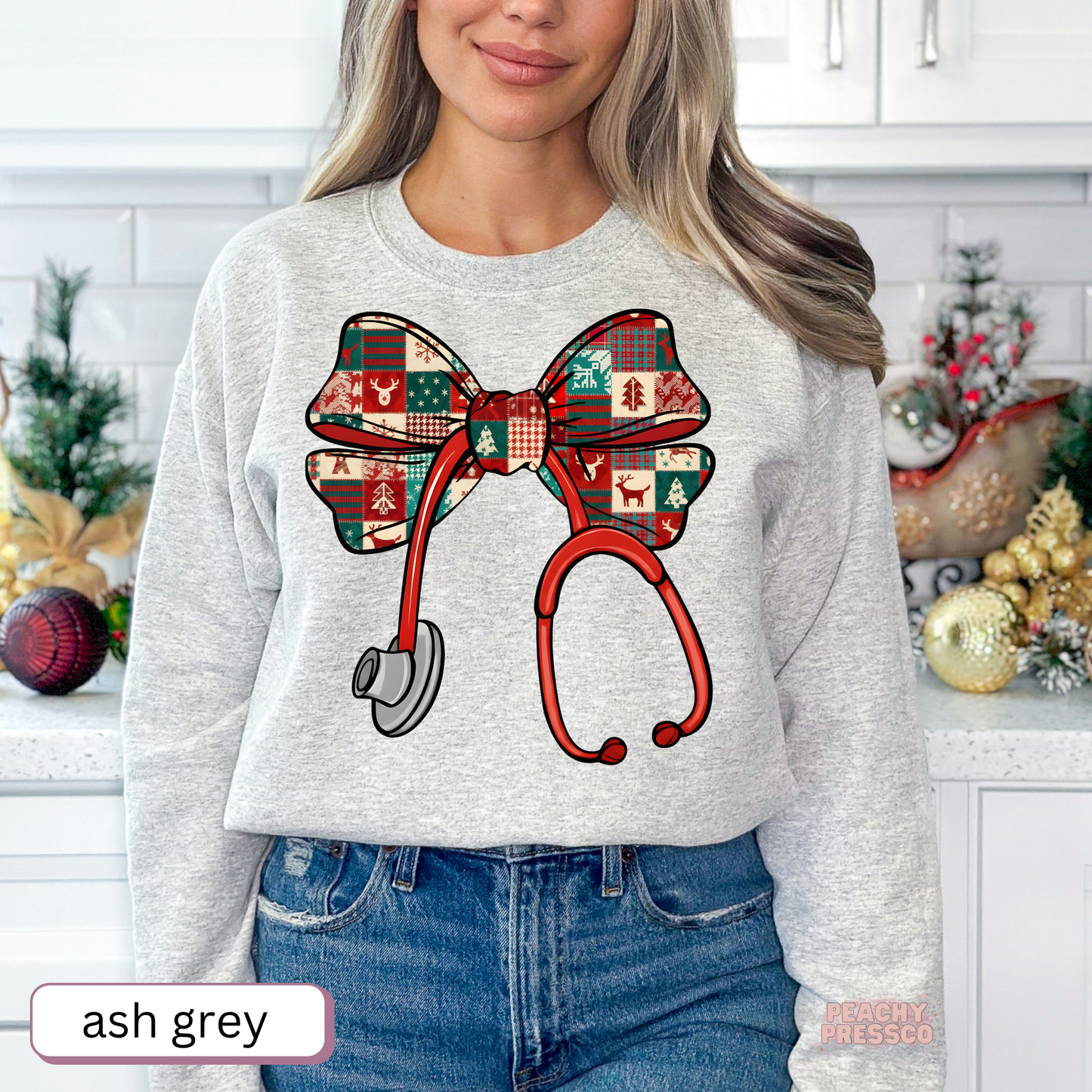 Patchwork Christmas Bow Nurse Shirt – Holiday Stethoscope, Apparel