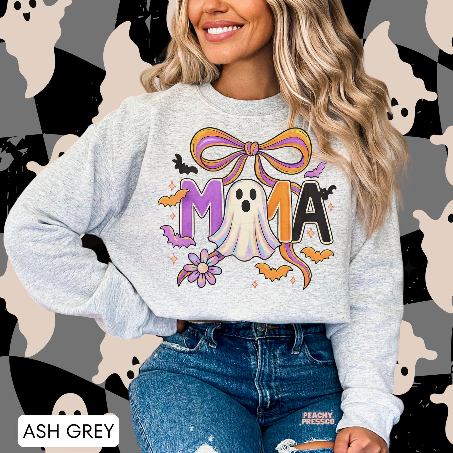 Halloween MAMA Sweatshirt | Cute Ghost & Bow Design for Moms | Cozy Crewneck with Bats & Flowers, Apparel
