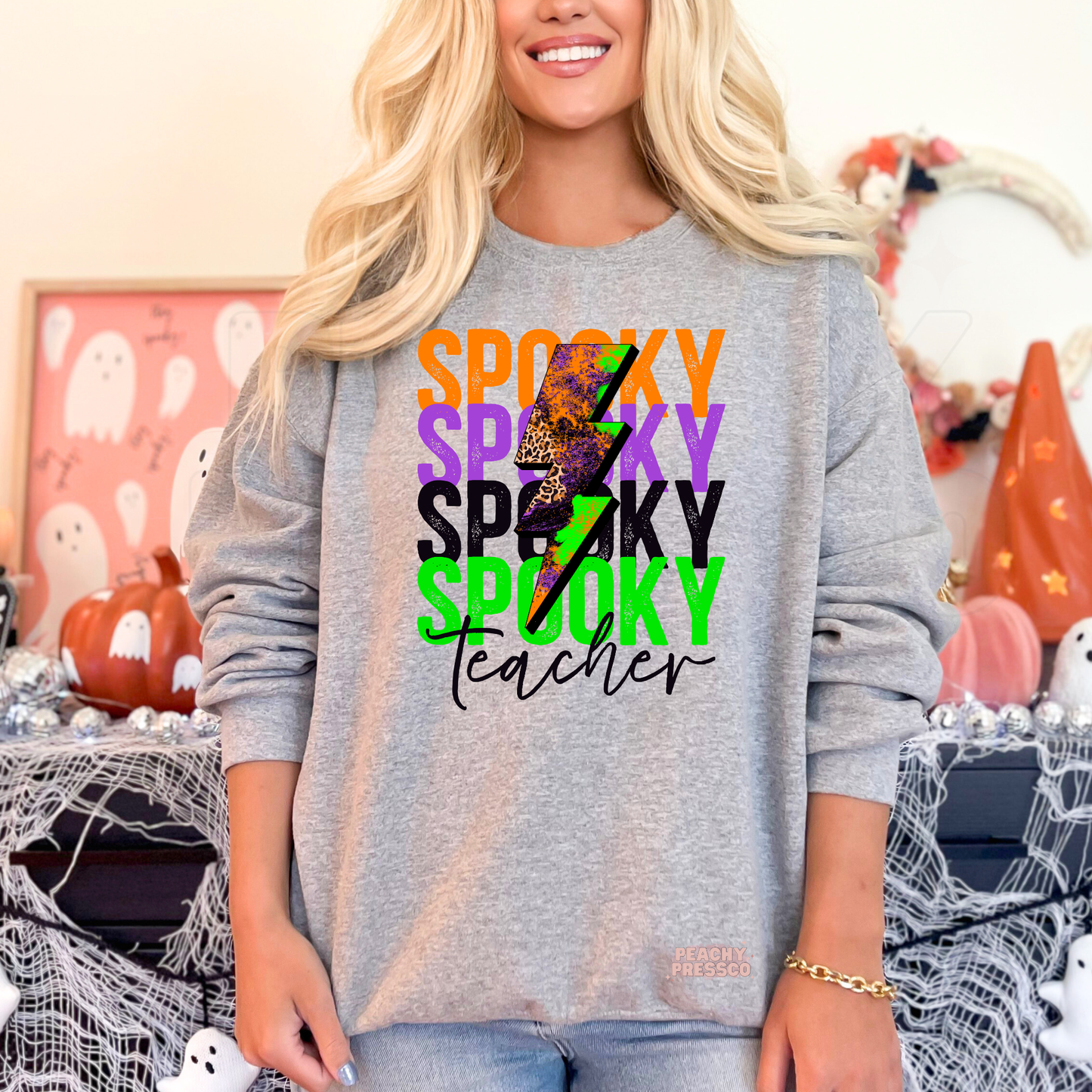 Spooky Teacher Lightning Bolt Halloween Shirt – Colorful Retro Crewneck, School Apparel