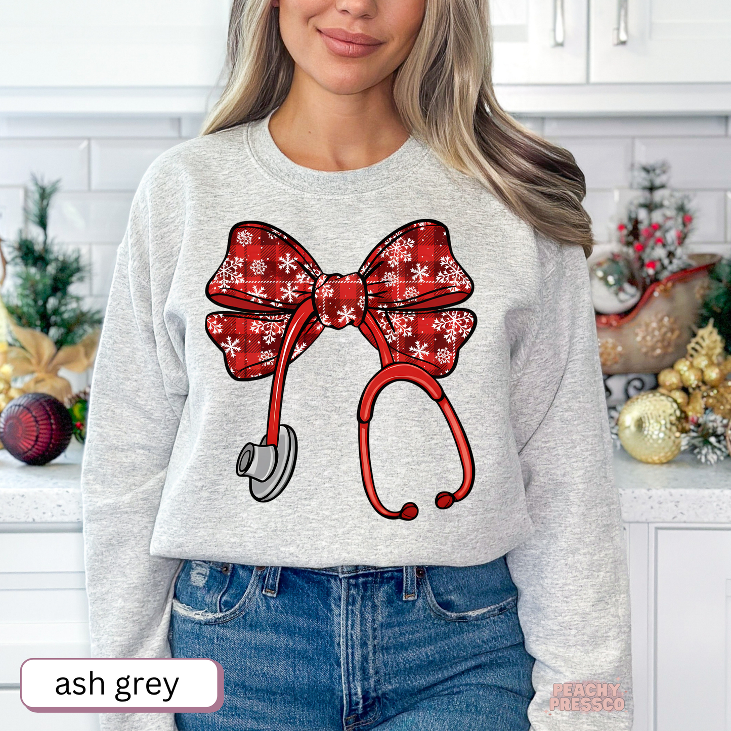 Snowflake, Red Bow Stethoscope Christmas Nurse Shirt, Holiday Apparel