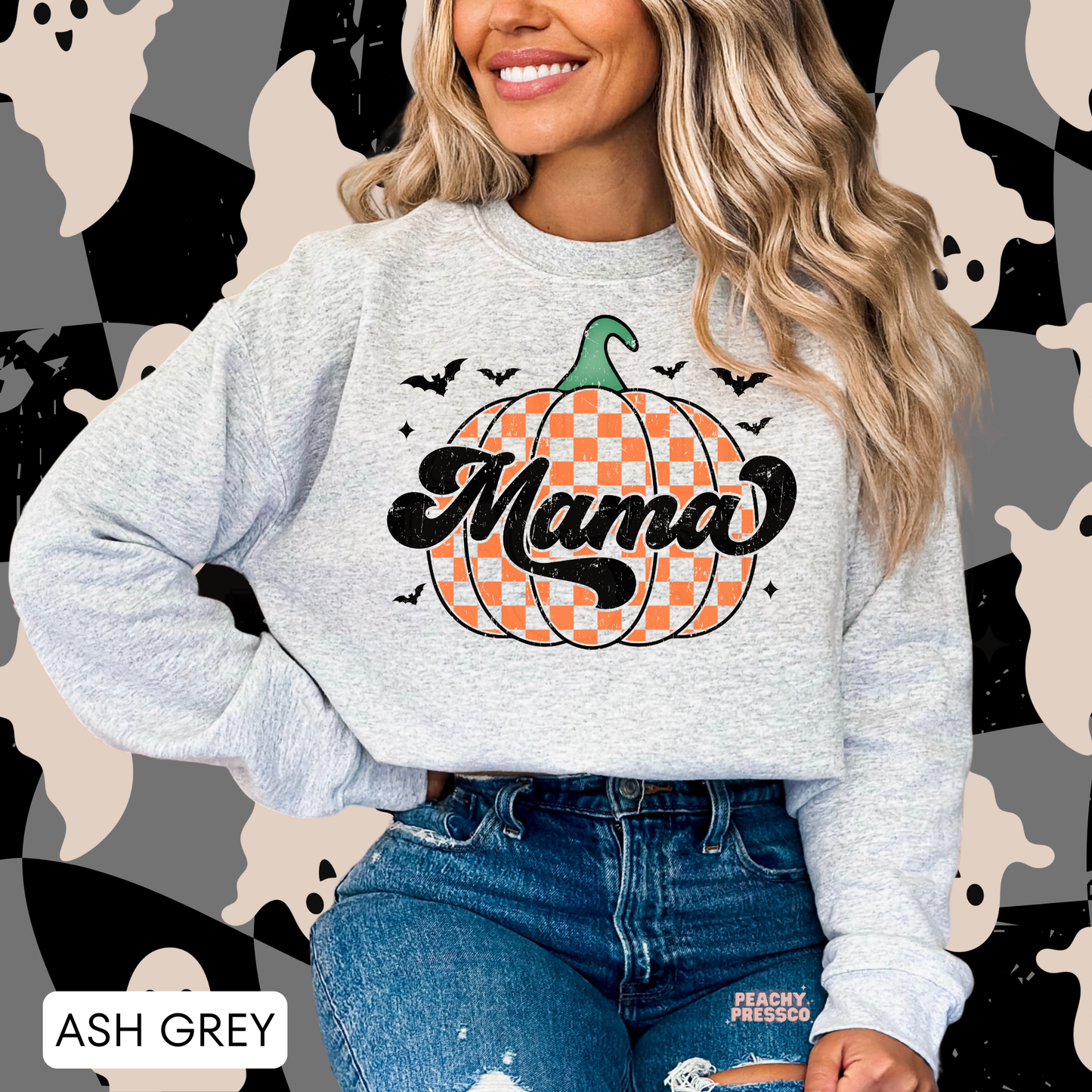 Pumpkin MAMA Halloween Sweatshirt | Orange Checker Pumpkin Crewneck for Moms | Cozy Pullover, Apparel