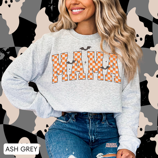 Halloween Mama Sweatshirt | Orange Checker Bat Print Pullover for Moms | Cozy Spooky Season Crewneck, Apparel