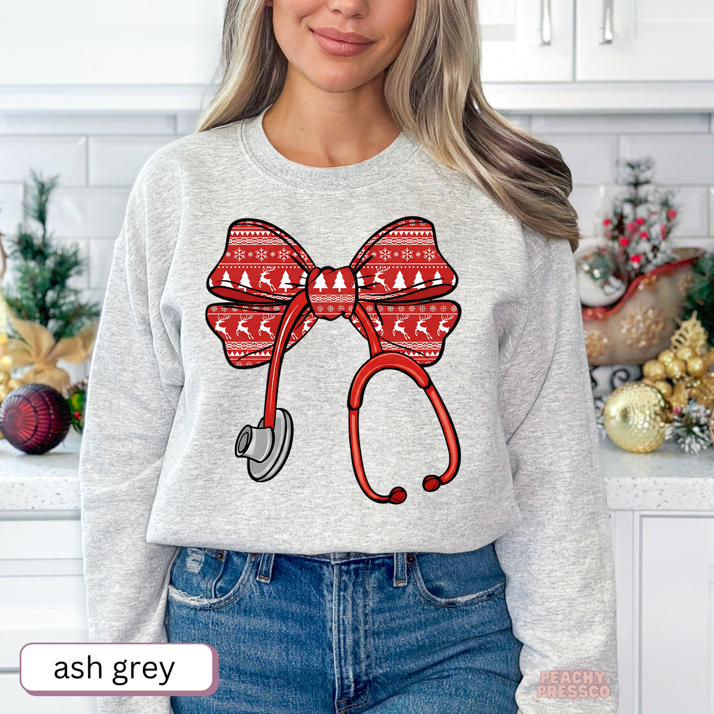 Christmas Nurse Shirt – Festive Red Bow with Stethoscope, Holiday Apparel