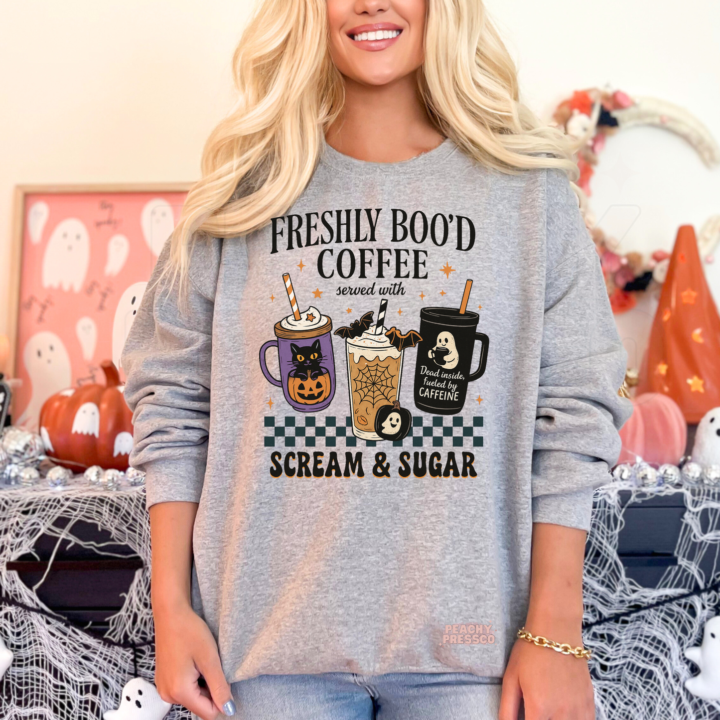 Freshly Boo'd Coffee served with Scream & Sugar Halloween Shirt | Coffee Crewneck, Apparel