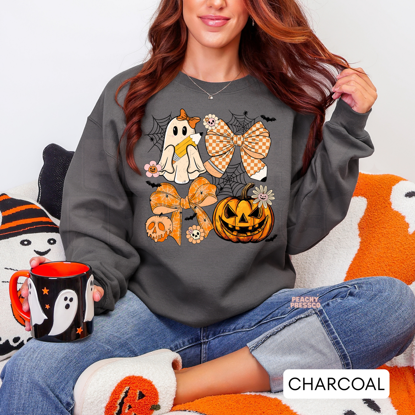 Halloween Teacher Ghost & Bow Sweatshirt – Cute Pumpkin Crewneck, School Apparel