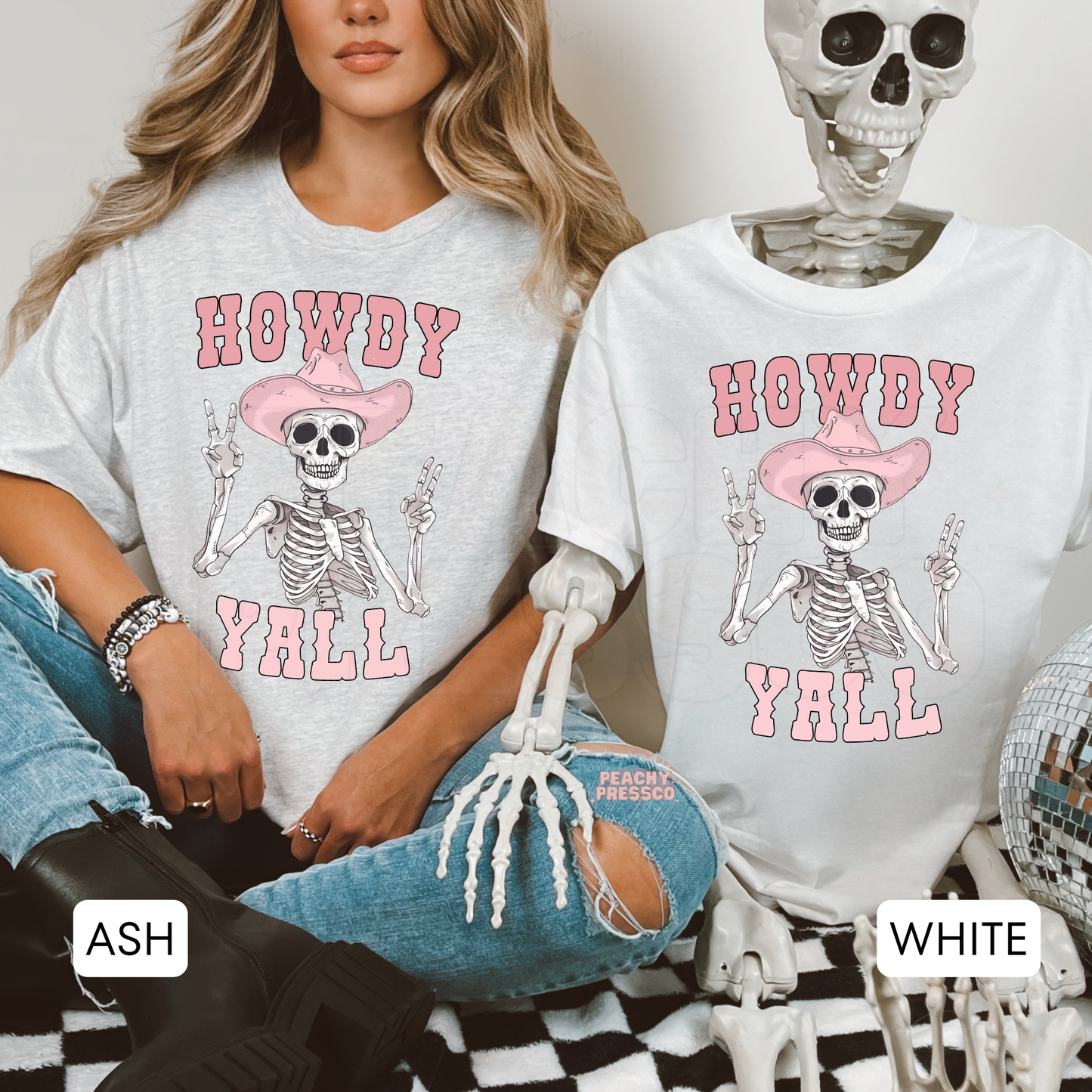 Howdy Y’all Pink Skeleton Western Shirt – Funny Cowgirl Halloween Sweatshirt – Retro Country Apparel
