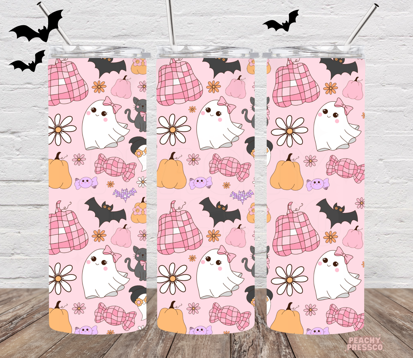 Girly Pink Ghost Halloween Tumbler – Cute Fall Pumpkin & Candy Design | Spooky Season 20oz Stainless Steel