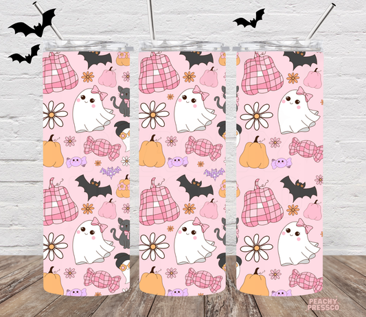 Girly Pink Ghost Halloween Tumbler – Cute Fall Pumpkin & Candy Design | Spooky Season 20oz Stainless Steel
