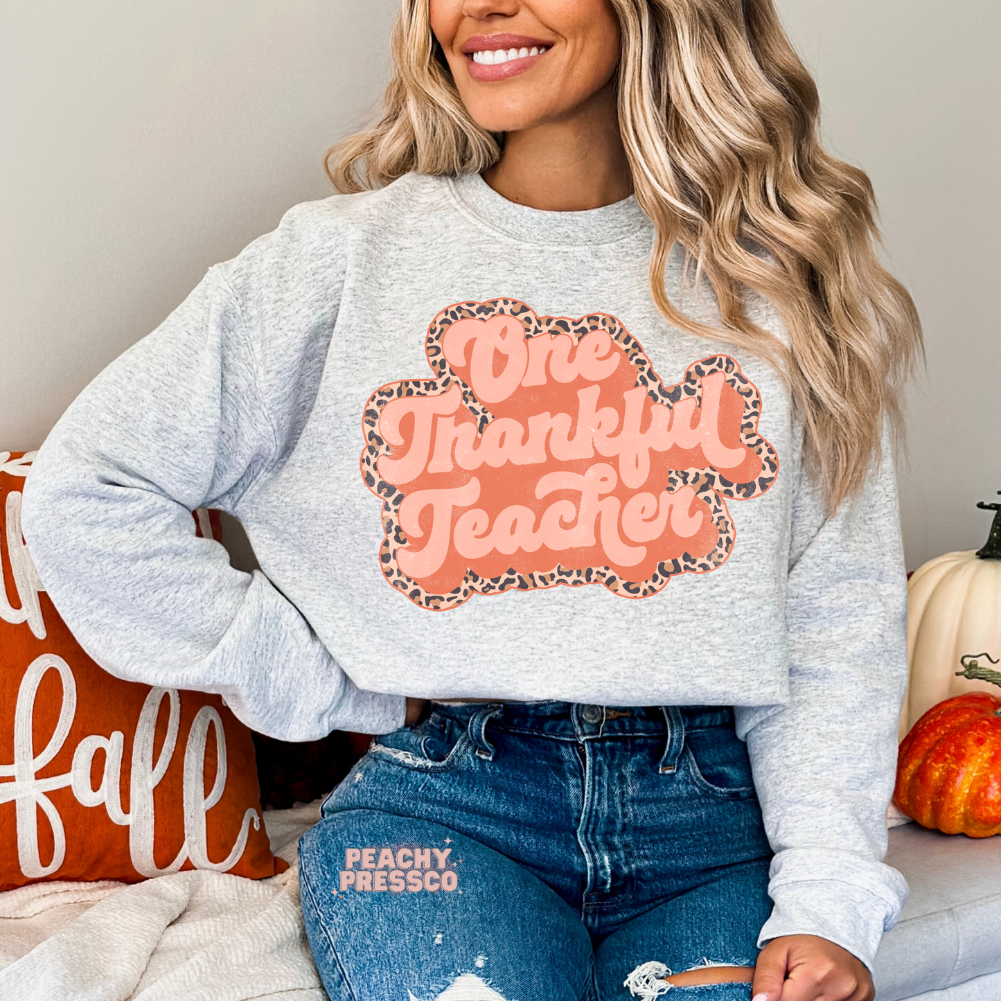 One Thankful Teacher Sweatshirt, Leopard Border Fall Apparel