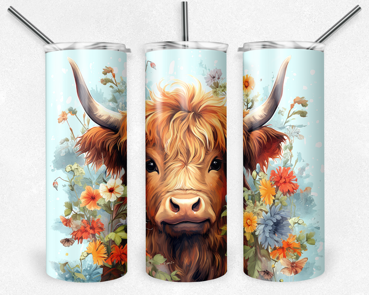 Floral Highland Cow Tumbler – Country Boho Wildflower Cup