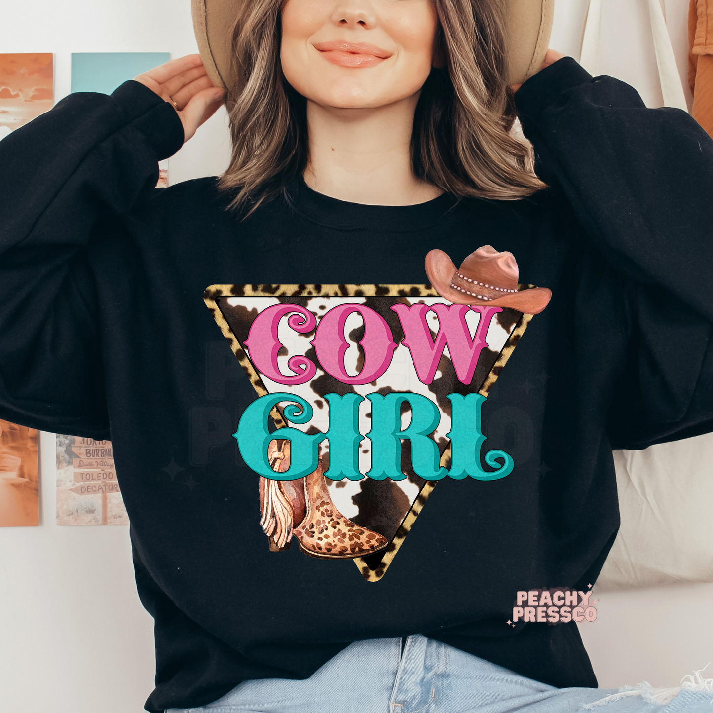 Retro Cow Girl Tee – Leopard Triangle Western Apparel with Hat & Boots