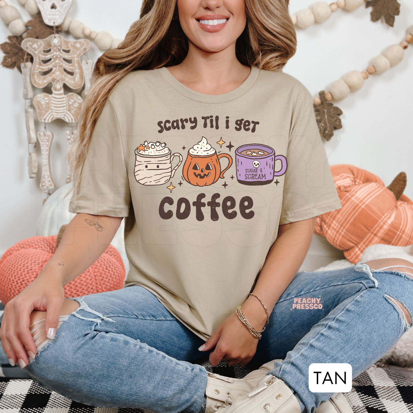 Funny Scary Til I Get Coffee, Coffee Lovers Graphic Shirt | Morning Halloween Humor Apparel