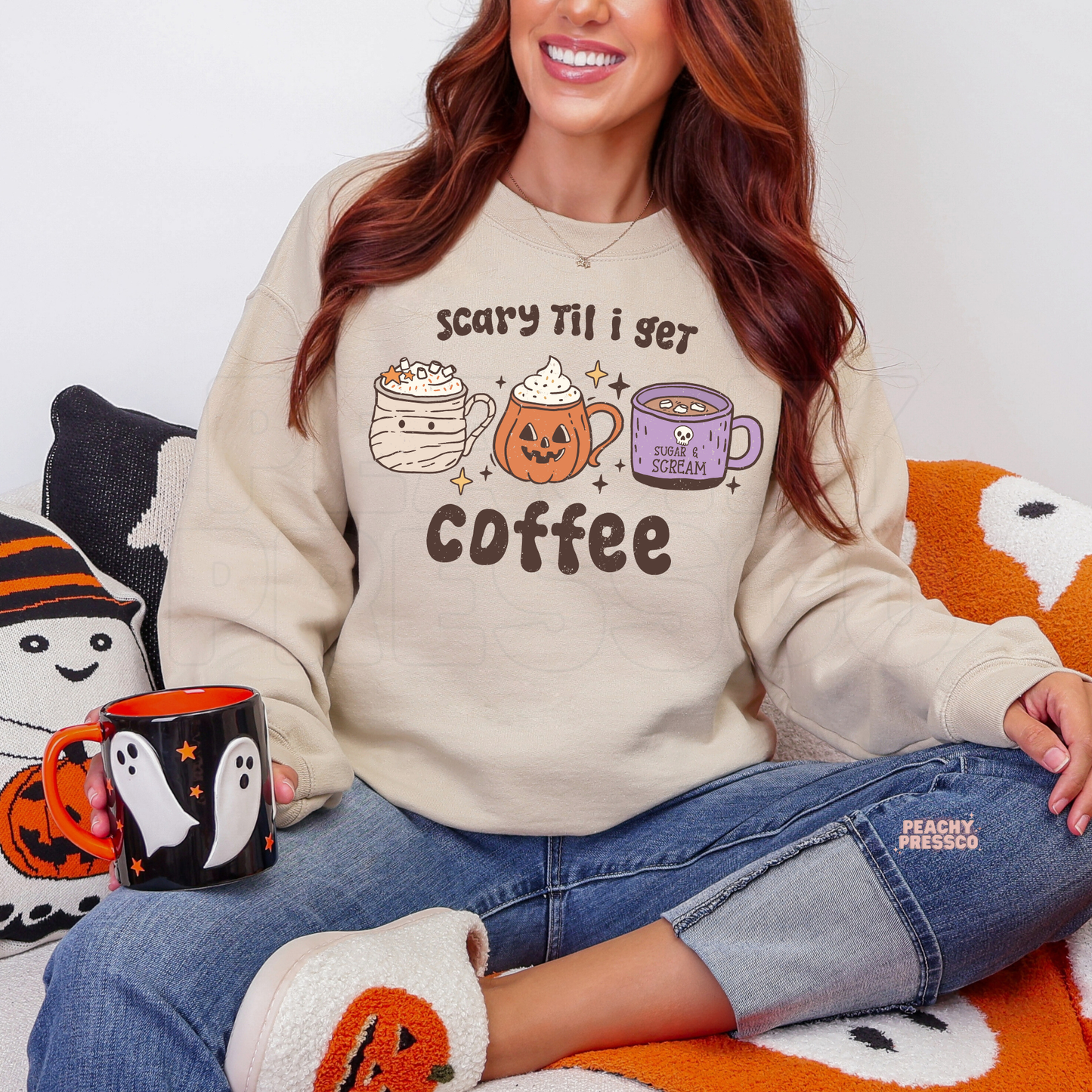 Funny Scary Til I Get Coffee, Coffee Lovers Graphic Shirt | Morning Halloween Humor Apparel