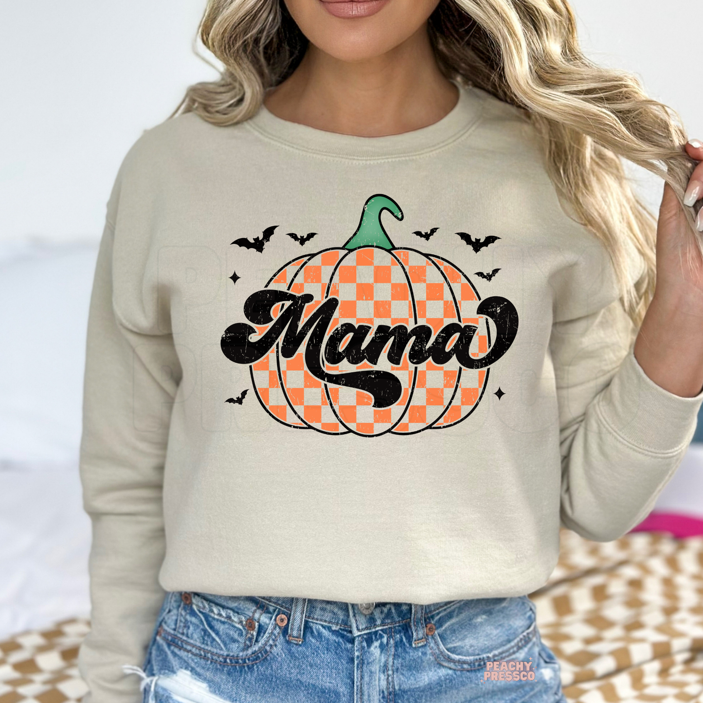 Pumpkin MAMA Halloween Sweatshirt | Orange Checker Pumpkin Crewneck for Moms | Cozy Pullover, Apparel