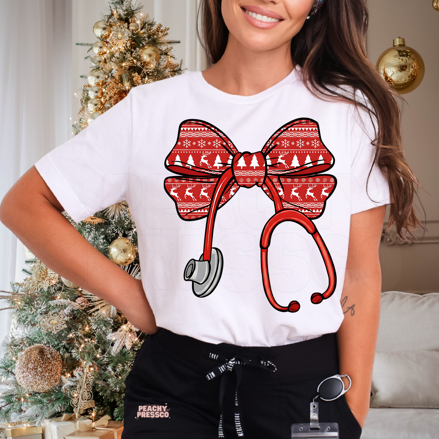 Christmas Nurse Shirt – Festive Red Bow with Stethoscope, Holiday Apparel