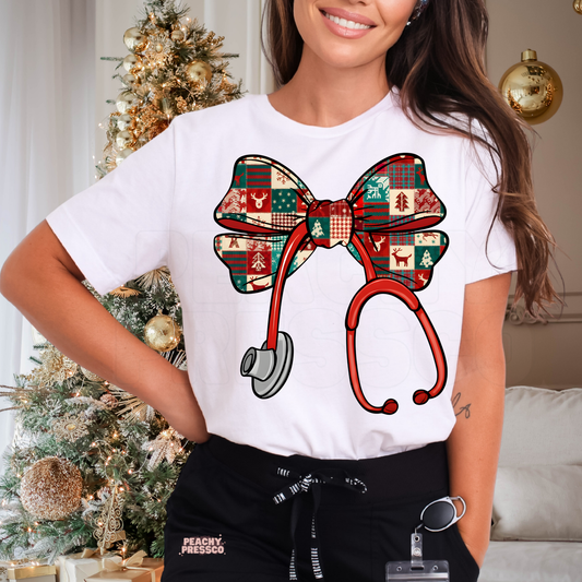 Patchwork Christmas Bow Nurse Shirt – Holiday Stethoscope, Apparel