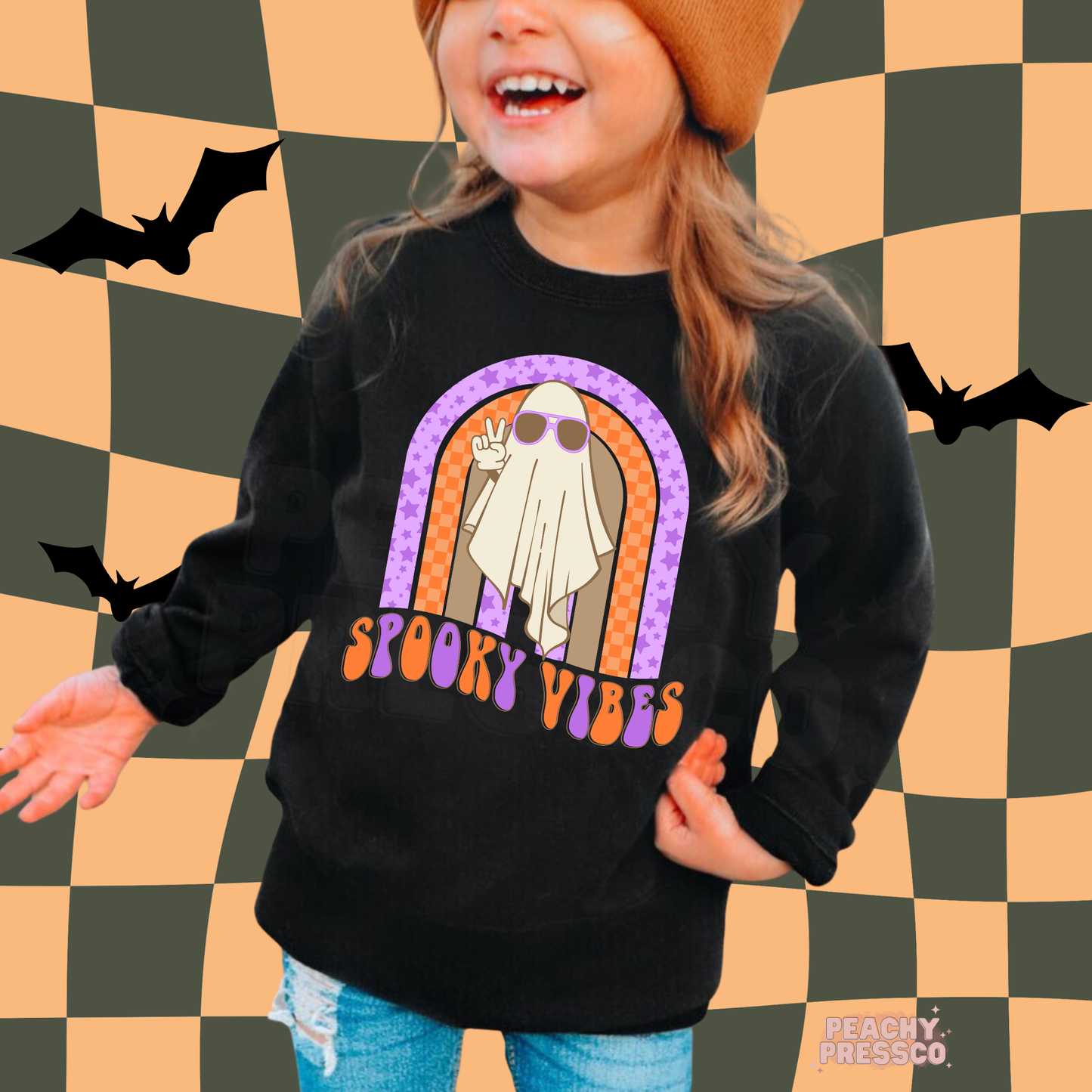 Spooky Vibes Retro Ghost Shirt – Peace, Love & Haunt, Kids Apparel