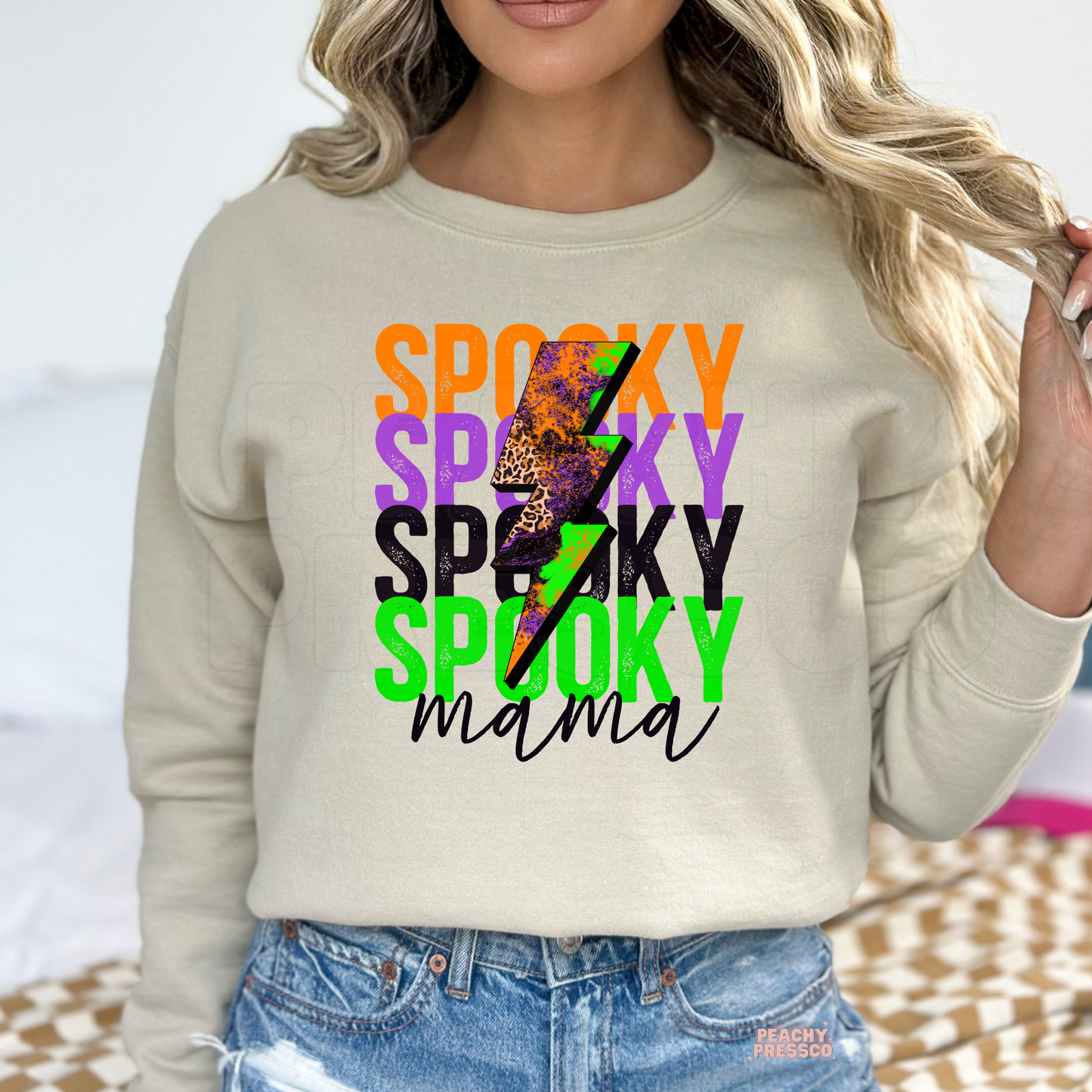 Spooky Mama Lightning Bolt Halloween Shirt – Bright Retro Trendy Apparel for Moms