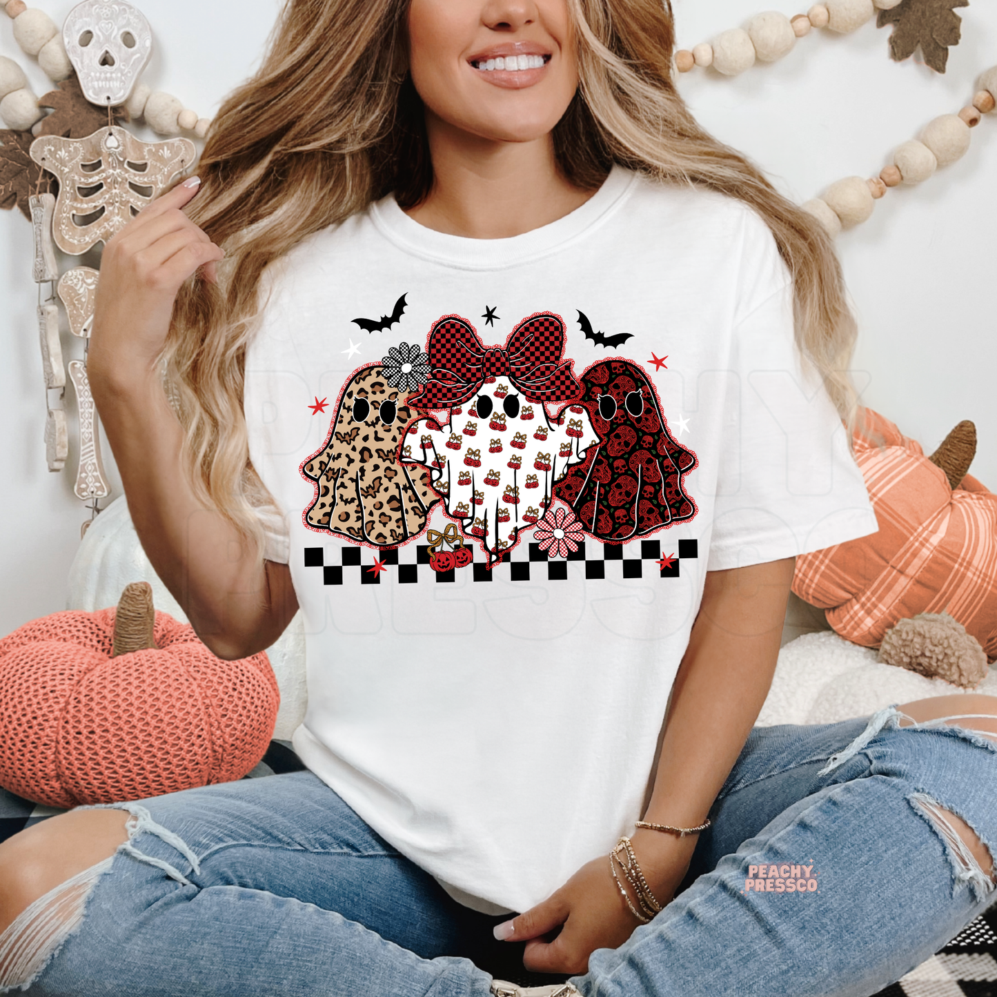 Ghost Trio Halloween Sweatshirt – Cute Aesthetic Leopard & Cherry Ghost Crewneck, Apparel