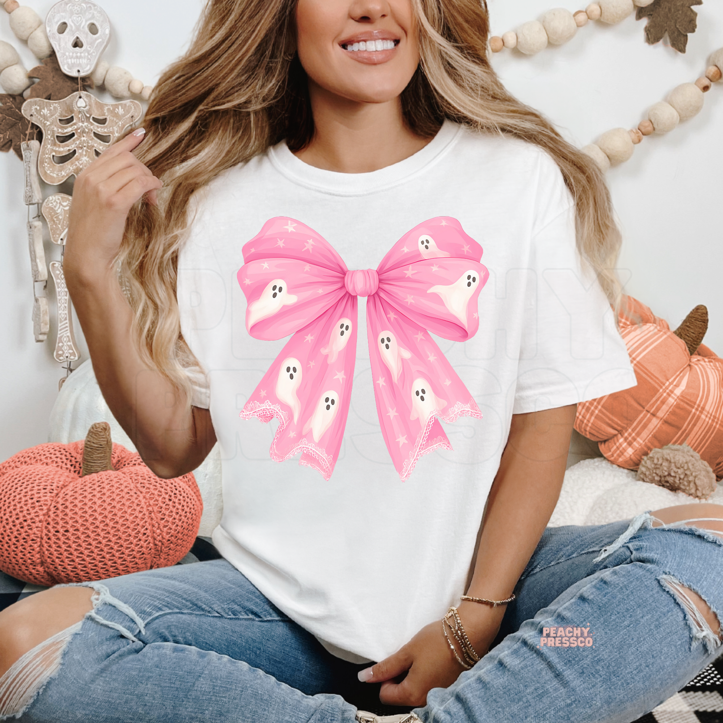 Pink Bow Ghost Graphic Shirt | Cute Halloween Crewneck, Apparel