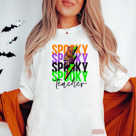 Spooky Teacher Lightning Bolt Halloween Shirt – Colorful Retro Crewneck, School Apparel