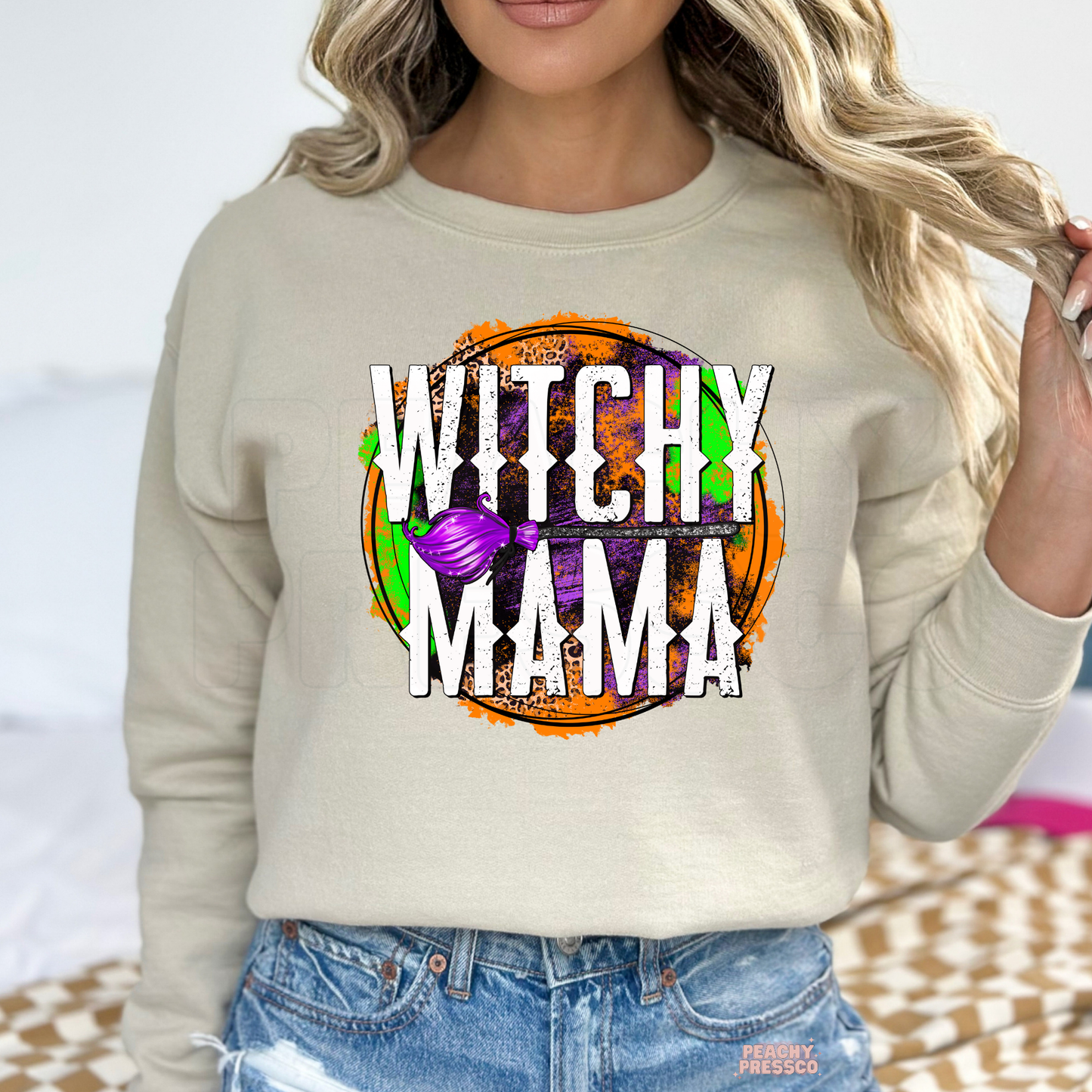 Witchy Mama Halloween Sweatshirt – Purple & Leopard Print Crewneck, Apparel