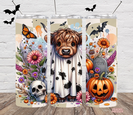 Highland Cow Ghost Floral Halloween Tumbler – Spooky Cute Cow with Pumpkins & Flowers, 20oz Stainless Steel